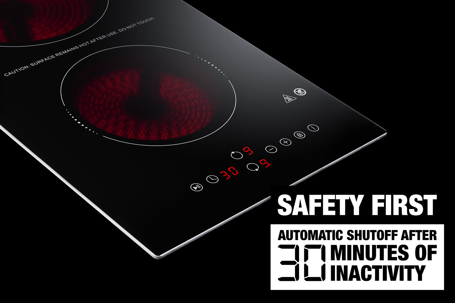 230V Safety First 2-burner cooktop in black ceramic glass with digital touch controls and 30-minute auto shutoff feature, 3000W; NOTE: Image may vary from product